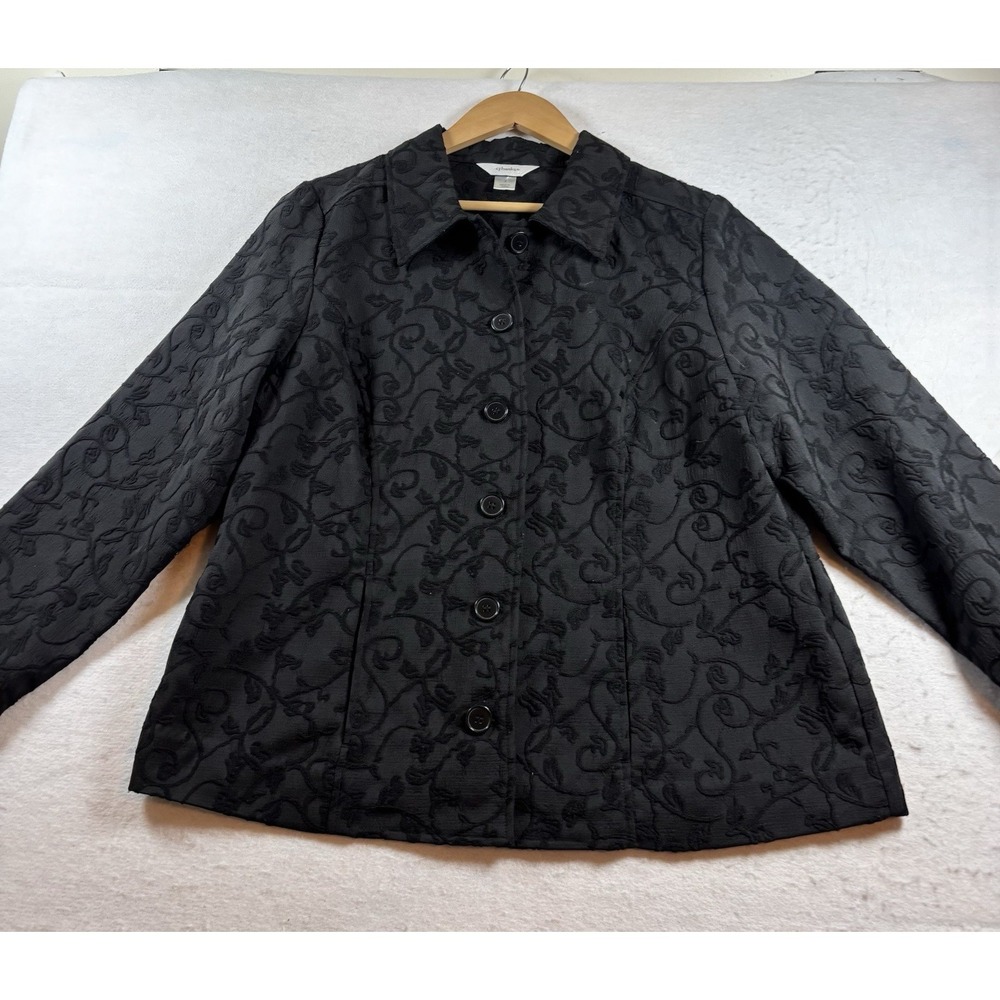 CJ Banks Womens 1X Black Floral Long Sleeve Button Jacket Dress Up Or Down